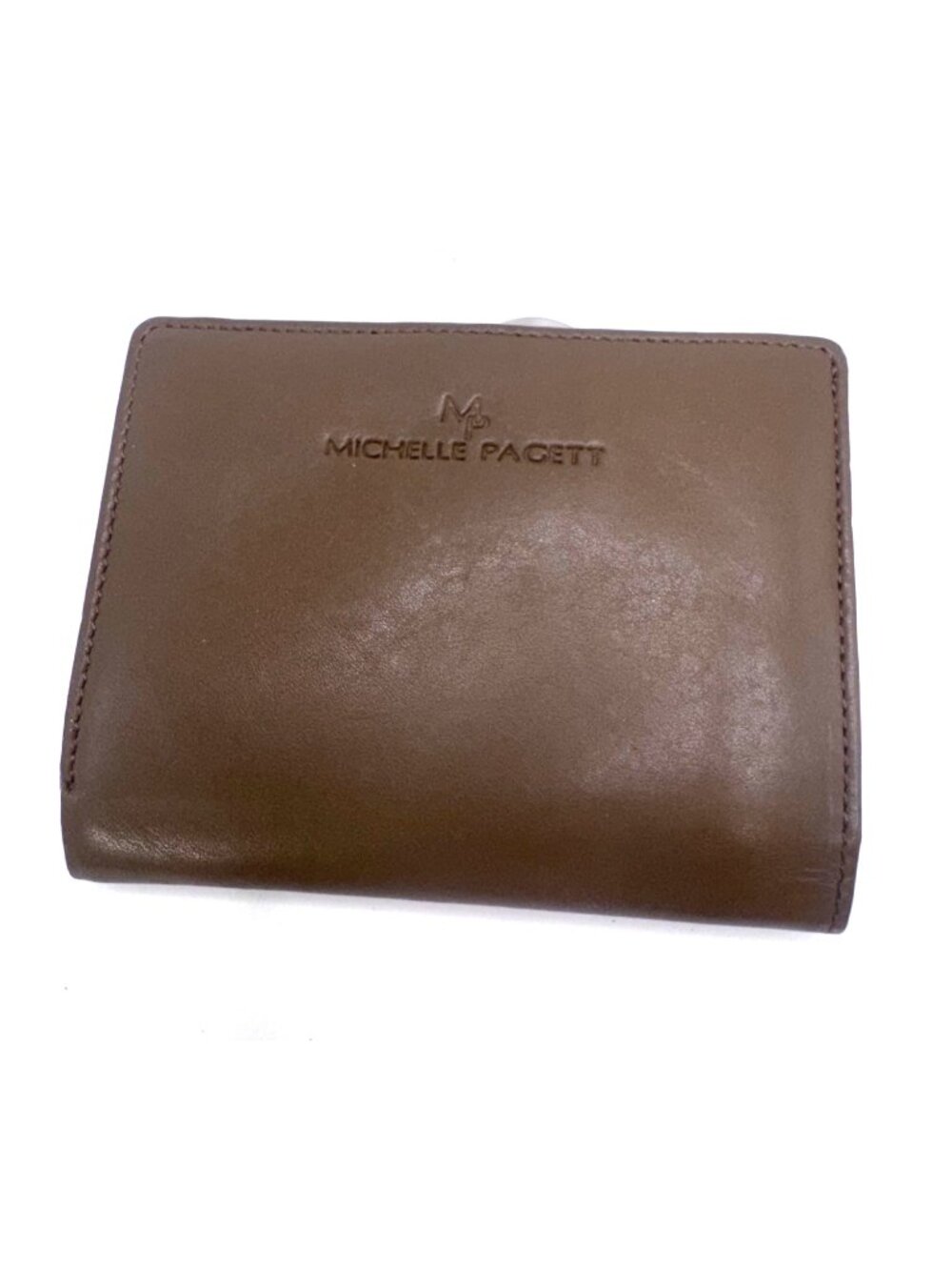 Michelle Pagett Womens Brown Leather Bi-Fold Wallet Kiss Lock Coin Compartment